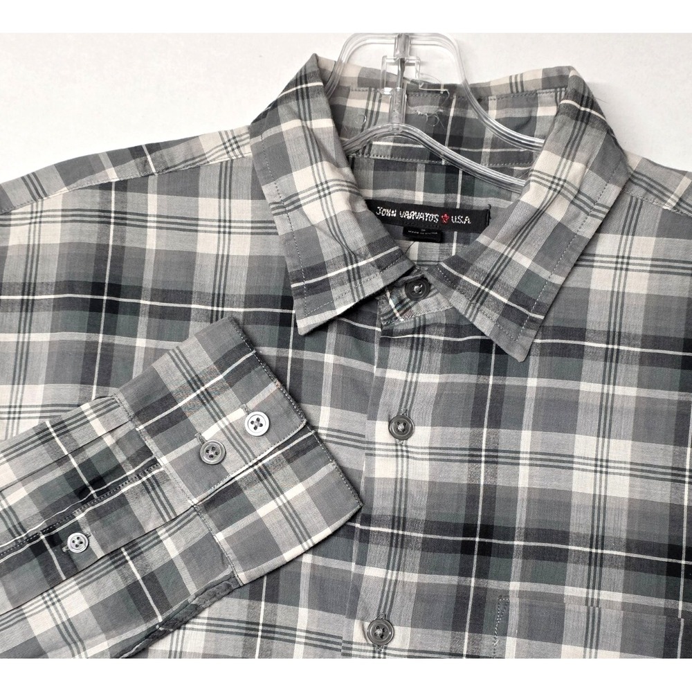 John Varvatos Button Down Shirt Mens Small Grey Plaid Star USA Long Sleeve‎